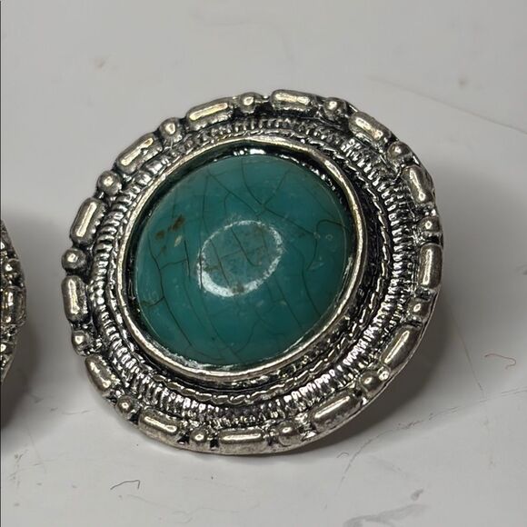 Silver Tone and Turquoise Colored Round Clip On Earrings - Picture 3 of 8